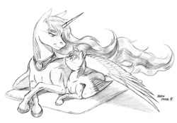 Size: 973x678 | Tagged: safe, artist:baron engel, princess luna, oc, oc:destined path, alicorn, pony, fanfic:the growing years, alicorn oc, commission, monochrome, pencil drawing, traditional art