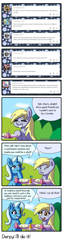 Size: 1000x3944 | Tagged: safe, artist:outofworkderpy, derpibooru import, derpy hooves, trixie, pegasus, pony, unicorn, comic:a derpy magic show, blushing, comic, duo, duo female, female, mare, outofworkderpy, sweat, sweatdrops, table, tumblr, tumblr comic