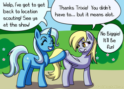 Size: 1400x1000 | Tagged: safe, artist:outofworkderpy, derpibooru import, derpy hooves, trixie, pegasus, pony, unicorn, comic:a derpy magic show, comic, duo, duo female, female, grin, hoofbump, mare, outofworkderpy, park, smiling, tumblr, tumblr comic