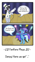 Size: 2000x3496 | Tagged: safe, artist:outofworkderpy, derpibooru import, trixie, oc, oc:scrap paper, pony, unicorn, comic:a derpy magic show, cape, clothes, comic, female, fireworks, hat, magic show, mare, microphone, outofworkderpy, rearing, stage, trixie's cape, trixie's hat, tumblr, tumblr comic