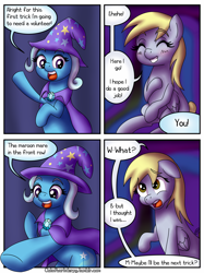 Size: 1666x2222 | Tagged: safe, artist:outofworkderpy, derpibooru import, derpy hooves, trixie, pegasus, pony, unicorn, comic:a derpy magic show, cape, clothes, comic, duo, duo female, female, hat, magic show, mare, outofworkderpy, trixie's cape, trixie's hat, tumblr, tumblr comic