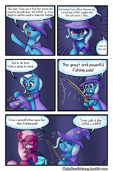 Size: 1500x2277 | Tagged: safe, artist:outofworkderpy, derpibooru import, cheerilee, trixie, earth pony, pony, unicorn, comic:a derpy magic show, cape, clothes, comic, facehoof, female, fishing rod, funny, hat, magic show, magic trick, mare, outofworkderpy, tongue out, trixie's cape, trixie's hat, tumblr, tumblr comic