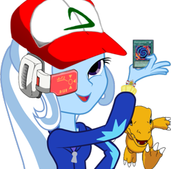 Size: 725x716 | Tagged: safe, derpibooru import, trixie, equestria girls, agumon, ash ketchum, baseball cap, digimon, dragon ball, dragon ball z, exploitable meme, hat, humanized, look what trixie found, meme, object dissonance, pokémon, scanner, scouter, vegeta, yu-gi-oh!