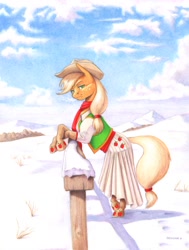 Size: 1100x1452 | Tagged: safe, artist:baron engel, applejack, earth pony, pony, bipedal leaning, breath, clothes, dress, fence, pencil drawing, snow, solo, traditional art, winter