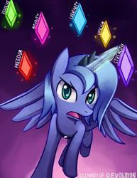 Size: 695x900 | Tagged: safe, artist:negativefox, princess luna, alicorn, pony, artifact, glare, looking at you, magic, open mouth, revolution, solo, spread wings