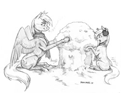 Size: 1000x772 | Tagged: safe, artist:baron engel, derpy hooves, dinky hooves, pegasus, pony, unicorn, clothes, cute, daaaaaaaaaaaw, ear warmers, earmuffs, equestria's best mother, female, filly, food, mare, monochrome, muffin, pencil drawing, scarf, sketch, snow, snowman, snowmuffin, snowpony, traditional art