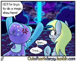 Size: 1280x1028 | Tagged: safe, artist:outofworkderpy, artist:wiggles, derpibooru import, derpy hooves, trixie, pegasus, pony, unicorn, comic:a derpy magic show, ask king sombra, cape, clothes, comic, female, funny, hat, magic show, magic trick, mare, outofworkderpy, shot seen around the world, sweatdrop, trixie's cape, trixie's hat, tumblr, tumblr comic