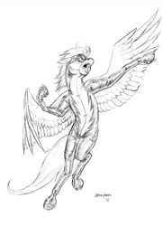 Size: 1000x1385 | Tagged: safe, artist:baron engel, oc, oc only, flying, grayscale, monochrome, pencil drawing, simple background, solo, traditional art, wonderbolts, wonderbolts uniform