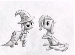 Size: 11699x8500 | Tagged: safe, artist:ravirr94, derpibooru import, derpy hooves, trixie, pegasus, pony, absurd resolution, accessory swap, female, mare, monochrome, the great and powerful