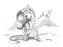 Size: 1100x833 | Tagged: safe, artist:baron engel, fluttershy, bird, pegasus, pony, clothes, grayscale, hat, monochrome, pencil drawing, scarf, singing, solo, traditional art