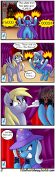 Size: 1280x4000 | Tagged: safe, artist:outofworkderpy, derpibooru import, derpy hooves, trixie, oc, oc:brownie bun, pegasus, pony, unicorn, comic:a derpy magic show, horse wife, cape, card trick, clothes, comic, female, fire, funny, grin, hat, magic show, magic trick, mare, outofworkderpy, smiling, stage, trixie's cape, trixie's hat, tumblr, tumblr comic