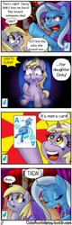 Size: 640x2000 | Tagged: safe, artist:outofworkderpy, derpibooru import, derpy hooves, dinky hooves, trixie, oc, oc:brownie bun, pegasus, pony, unicorn, comic:a derpy magic show, horse wife, cape, card trick, clothes, comic, female, filly, funny, hat, magic show, magic trick, mare, mother and child, mother and daughter, outofworkderpy, parent and child, stage, starry eyes, trixie's cape, trixie's hat, tumblr, tumblr comic, wingding eyes