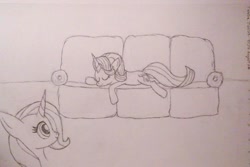 Size: 1781x1187 | Tagged: safe, artist:manicdiane, derpibooru import, starlight glimmer, trixie, pony, unicorn, duo, gazing, monochrome, sleeping, sofa, traditional art