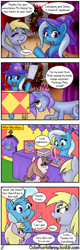 Size: 640x2000 | Tagged: safe, artist:outofworkderpy, derpibooru import, derpy hooves, dinky hooves, trixie, oc, oc:brownie bun, oc:partway mist, oc:violet blossom, pegasus, pony, unicorn, comic:a derpy magic show, horse wife, book, cape, clothes, comic, female, filly, funny, hat, magic show, magic trick, mare, mother and child, mother and daughter, outofworkderpy, parent and child, saw, stage, t shirt design, trixie's cape, trixie's hat, tumblr, tumblr comic