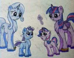 Size: 257x200 | Tagged: safe, artist:sweetapple1098, derpibooru import, trixie, twilight sparkle, twilight sparkle (alicorn), oc, oc:aurora, oc:nebula, alicorn, pony, female, lesbian, magical lesbian spawn, mama twilight, mare, offspring, parent:trixie, parent:twilight sparkle, parents:twixie, shipping, traditional art, tumblr:ask twixie, twixie