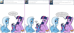 Size: 1808x800 | Tagged: safe, artist:dekomaru, derpibooru import, trixie, twilight sparkle, oc, oc:nebula, pony, ask, colt, family, female, lesbian, magical lesbian spawn, male, offspring, parent:trixie, parent:twilight sparkle, parents:twixie, pregnant, shipping, tumblr, tumblr:ask twixie, twixie