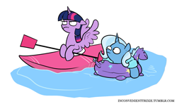 Size: 1139x676 | Tagged: safe, artist:egophiliac, derpibooru import, trixie, twilight sparkle, twilight sparkle (alicorn), alicorn, pony, unicorn, female, floaty, hoof hold, inconvenient trixie, inner tube, kayak, mare, tumblr, tumblr:inconvenient trixie, twilight is not amused, unamused, water, water wings, woonoggles