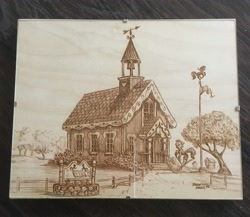 Size: 2384x2071 | Tagged: safe, artist:baron engel, artist:earth-pony, building, craft, engraving, fence, flag, flag pole, ponyville, school, sepia, topiary, traditional art, tree, woodcut