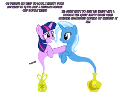 Size: 1024x824 | Tagged: safe, artist:navitaserussirus, derpibooru import, trixie, twilight sparkle, pony, asktwixiegenies, cropped, female, genie, lesbian, shipping, simple background, species swap, suspiciously specific denial, sweat, sweatdrop, twixie, white background