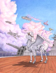 Size: 1100x1408 | Tagged: safe, artist:baron engel, oc, oc only, oc:silver star, pegasus, pony, airship, cannon, cloud, deck, pencil drawing, plane, prosthetics, roan rpg, traditional art, turret