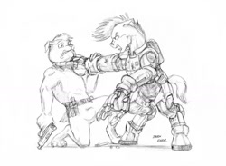 Size: 1024x749 | Tagged: safe, artist:baron engel, diamond dog, pony, fight, future, gun, monochrome, pencil drawing, traditional art, weapon