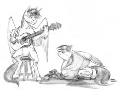 Size: 1100x797 | Tagged: safe, artist:baron engel, oc, oc only, alicorn, pony, alicorn oc, clothes, guitar, monochrome, pencil drawing, socks, striped socks, traditional art