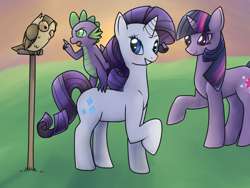 Size: 1024x768 | Tagged: safe, artist:casocat, derpibooru import, rarity, spike, twilight sparkle, dragon, pony, unicorn, female, horn, male, mare