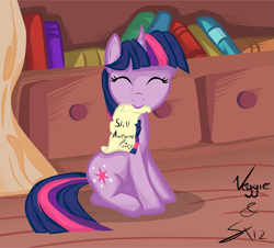 Size: 1937x1748 | Tagged: safe, artist:sierraex, derpibooru import, twilight sparkle, unicorn twilight, pony, unicorn, bookshelf, eyes closed, female, golden oaks library, happy, heart, mare, mouth hold, note, signature, solo