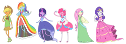 Size: 1679x590 | Tagged: safe, artist:giraffewizardry, derpibooru import, applejack, fluttershy, pinkie pie, rainbow dash, rarity, twilight sparkle, adventure time, blushing, clothes, crossover, dress, gala dress, hat, horned humanization, humanized, mane six, open mouth, skinny, smiling, spread wings, winged humanization