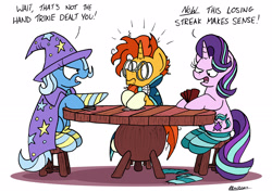 Size: 2442x1725 | Tagged: safe, artist:bobthedalek, derpibooru import, starlight glimmer, sunburst, trixie, pony, unicorn, cape, cheating, clothes, counter-cheating, dialogue, female, hat, male, mare, messy mane, open mouth, poker, scarf, shrunken pupils, simple background, sitting, socks, stallion, stool, strip poker, striped socks, table, trio, trixie's cape, trixie's hat, unamused, white background