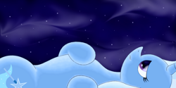 Size: 1800x900 | Tagged: safe, artist:shinhoffman, derpibooru import, trixie, pony, unicorn, female, mare, night, on back, solo, stars