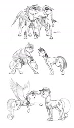 Size: 1000x1714 | Tagged: safe, artist:baron engel, applejack, rainbow dash, twilight sparkle, oc, oc:sky brush, earth pony, pegasus, pony, comic, goggles, monochrome, pencil drawing, traditional art