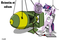 Size: 3200x2200 | Tagged: safe, artist:junkiekb, derpibooru import, twilight sparkle, pony, unicorn, albert einstein, atomic bomb, bedroom eyes, bomb, book, chair, clothes, glasses, high res, latin, magic, magitek, notes, nuclear weapon, pencil, screwdriver, shirt, sitting, t-shirt, textbook, twilight is not amused, wrench