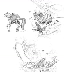 Size: 1141x1296 | Tagged: safe, artist:baron engel, rainbow dash, oc, oc:carousel, oc:petina, oc:sky brush, pegasus, pony, airship, balcony, clothes, cloudsdale, dress, hotel, little black dress, monochrome, necklace, pegasus magic, pencil drawing, rainbow dash always dresses in style, scenery, sky shad, story in the source, tractor beam, traditional art