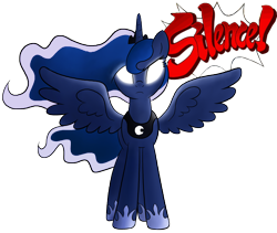 Size: 5800x4900 | Tagged: safe, artist:thealjavis, princess luna, alicorn, pony, absurd resolution, ace attorney, glowing eyes, looking at you, silence, simon blackquill, simple background, solo, spread wings, transparent background