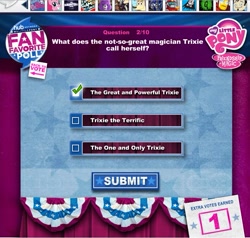 Size: 919x875 | Tagged: safe, derpibooru import, screencap, trixie, fan favorite poll, hasbro, hubworld.com, my little pony logo, official, quiz, text