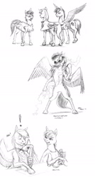 Size: 1100x2052 | Tagged: safe, artist:baron engel, rainbow dash, oc, oc:sky brush, oc:squall line, oc:trade winds, pegasus, pony, cook, food, lightning, monochrome, necklace, parent, parfait, pencil drawing, story in the source, traditional art