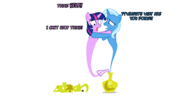 Size: 1048x578 | Tagged: safe, artist:navitaserussirus, derpibooru import, trixie, twilight sparkle, pony, asktwixiegenies, cropped, female, genie, lesbian, shipping, twixie