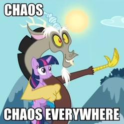 Size: 473x475 | Tagged: safe, derpibooru import, discord, twilight sparkle, chaos, exploitable meme, meme, x x everywhere