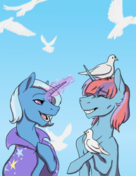 Size: 2550x3300 | Tagged: safe, artist:phobicalbino, derpibooru import, trixie, oc, bird, pigeon, pony, unicorn