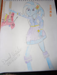 Size: 1600x2133 | Tagged: safe, artist:1987arevalo, derpibooru import, trixie, equestria girls, electric guitar, guitar, solo, traditional art