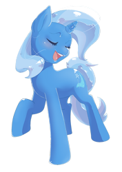 Size: 900x1269 | Tagged: safe, artist:pyoo-kee-pony, derpibooru import, trixie, pony, unicorn, eyes closed, female, mare, open mouth, raised hoof, simple background, solo, transparent background