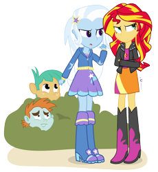 Size: 1200x1305 | Tagged: safe, artist:dm29, derpibooru import, snails, snips, sunset shimmer, trixie, equestria girls, bush, crossed arms, simple background, transparent background, trixie's fans, vector