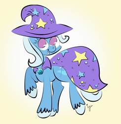 Size: 2000x2042 | Tagged: safe, artist:iguana14, derpibooru import, trixie, pony, unicorn, cape, clothes, female, happy, hat, mare, open mouth, raised hoof, smiling, solo, trixie's cape, trixie's hat, unshorn fetlocks