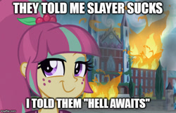 Size: 658x424 | Tagged: safe, artist:wubcakeva, edit, sour sweet, equestria girls, friendship games, burning, crystal prep academy, disaster girl, fire, freckles, looking at you, meme, slayer, smiling, solo