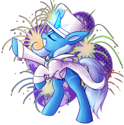 Size: 800x808 | Tagged: safe, artist:paleblank, derpibooru import, trixie, pony, unicorn, clothes, female, fireworks, grin, hat, mare, smiling, solo, suit, top hat