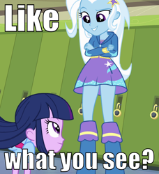 Size: 546x600 | Tagged: safe, derpibooru import, edit, edited screencap, screencap, trixie, twilight sparkle, equestria girls, equestria girls (movie), cropped, female, image macro, lesbian, meme, shipping, trixie yells at everything, twixie