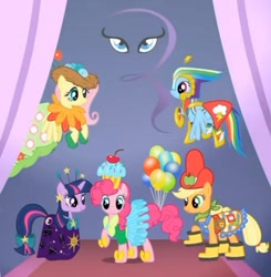 Size: 673x687 | Tagged: safe, derpibooru import, screencap, applejack, fluttershy, pinkie pie, rainbow dash, twilight sparkle, unicorn twilight, earth pony, pegasus, pony, unicorn, suited for success, female, mare, rarity logo