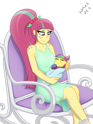Size: 1500x2000 | Tagged: safe, artist:drake-rex, sour sweet, oc, oc:citrus flare, equestria girls, baby, clothes, commission, cute, dress, female, freckles, long hair, momma sour sweet, mother, mother and child, mother and daughter, offspring, parent and child, parent:oc:sparks, parent:sour sweet, parents:canon x oc, parents:sourks, rocking chair, shoulder freckles, sourbetes
