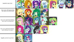 Size: 960x540 | Tagged: safe, adagio dazzle, applejack, aria blaze, bon bon, derpy hooves, dj pon-3, fluttershy, indigo zap, lemon zest, lyra heartstrings, octavia melody, pinkie pie, rainbow dash, rarity, sonata dusk, sour sweet, sugarcoat, sunny flare, sunset shimmer, sweetie drops, trixie, twilight sparkle, vinyl scratch, wallflower blush, equestria girls, cursing chart, meme, vulgar